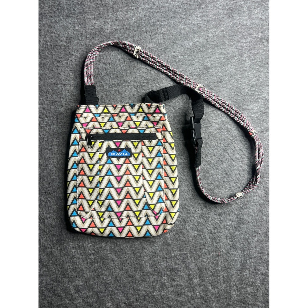 KAVU Keeper Crossbody Bag Neon Geometric Triangle Canvas Rope Strap Travel Pouch